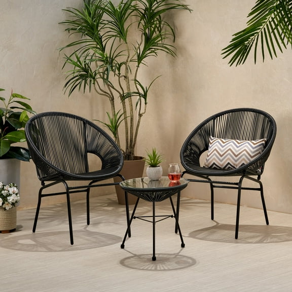 Hayk Outdoor Modern 2 Seater Faux Rattan Chat Set, Black