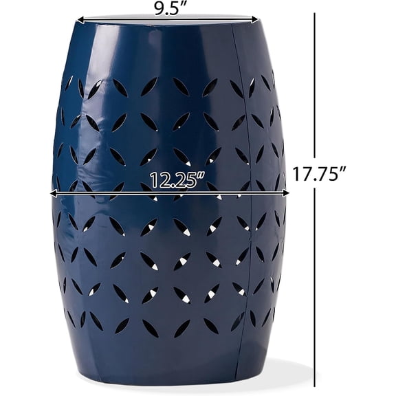 Hayon 17.75'' Small Outdoor Side Table, Metal Outdoor Stool, Lace Cut Iron End Table, Hollow Drum Round Side Table, Decorative Garden Stool with Cutout Design, Dark Blue