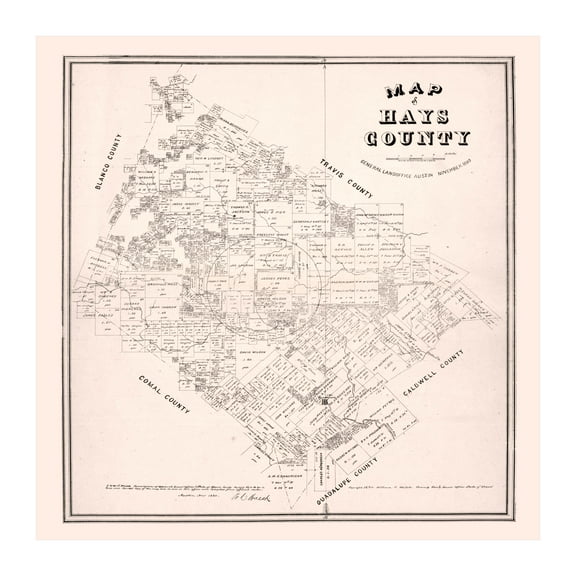 Hays County Texas Art, 1880 Vintage Map of Hays County TX History Wall Decor Gift, Old Hays County TX Map - 42" x 42" Unframed Print