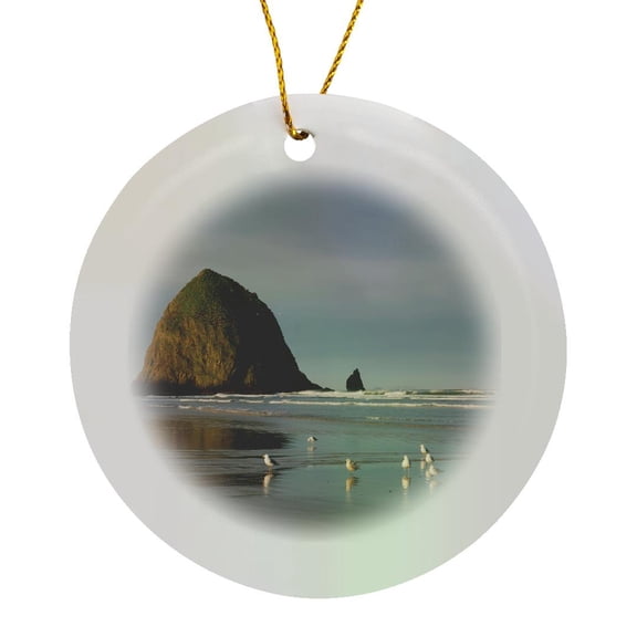 3drose, Haystack Rock on Cannon Beach, Oregon, Circle Porcelain Ornament