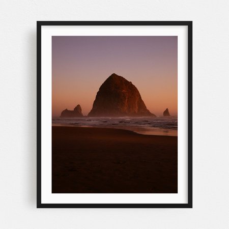 Haystack Rock Sunset - Oregon Photography Sunset Seascape Beach Ocean Coast Scenic Landscape Black Framed Wall Art Print 18 x 24 inches