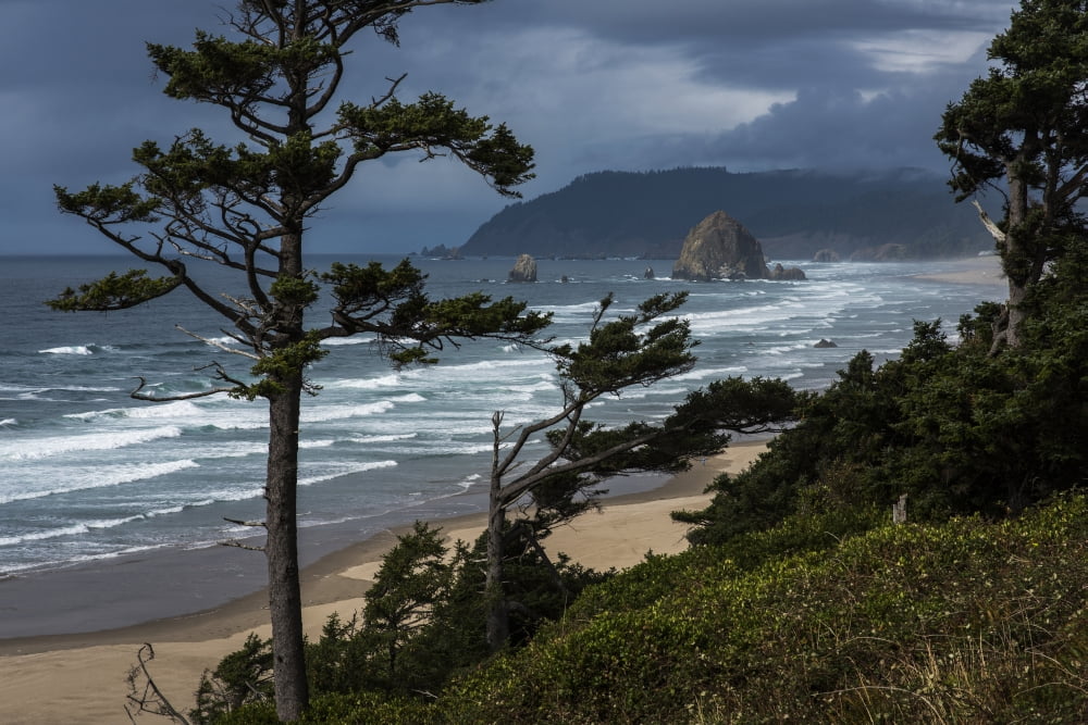 Haystack Rock and Tillamook head are visible from US Highway 101 Oregon United States of America Canvas Art - Robert L Potts Design Pics (38 x 24)