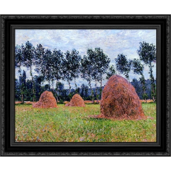 Haystacks, Overcast Day 24x20 Black Ornate Wood Framed Canvas Art by Monet, Claude
