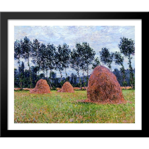 Haystacks, Overcast Day 34x28 Large Black Wood Framed Print Art by Claude Monet