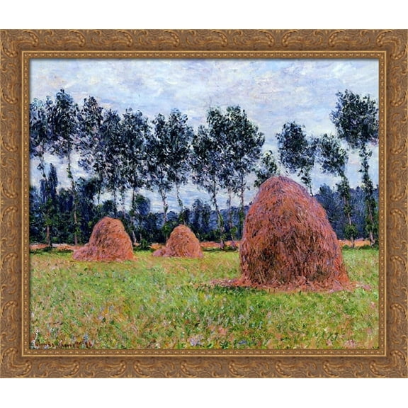 Haystacks, Overcast Day 34x28 Large Gold Ornate Wood Framed Canvas Art by Claude Monet