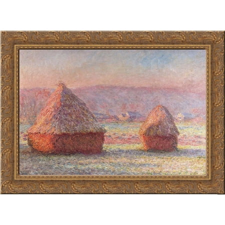 Haystacks White Frost, Sunrise 24x20 Gold Ornate Wood Framed Canvas Art by Monet, Claude