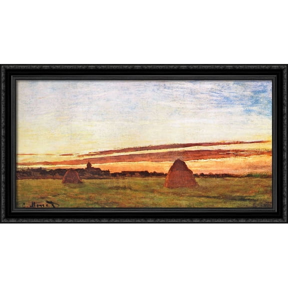 Haystacks at Chailly 40x22 Large Black Ornate Wood Framed Canvas Art by Claude Monet