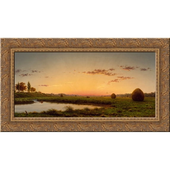Haystacks on the Newburyport Marshes 24x14 Gold Ornate Wood Framed Canvas Art by Martin Johnson Heade