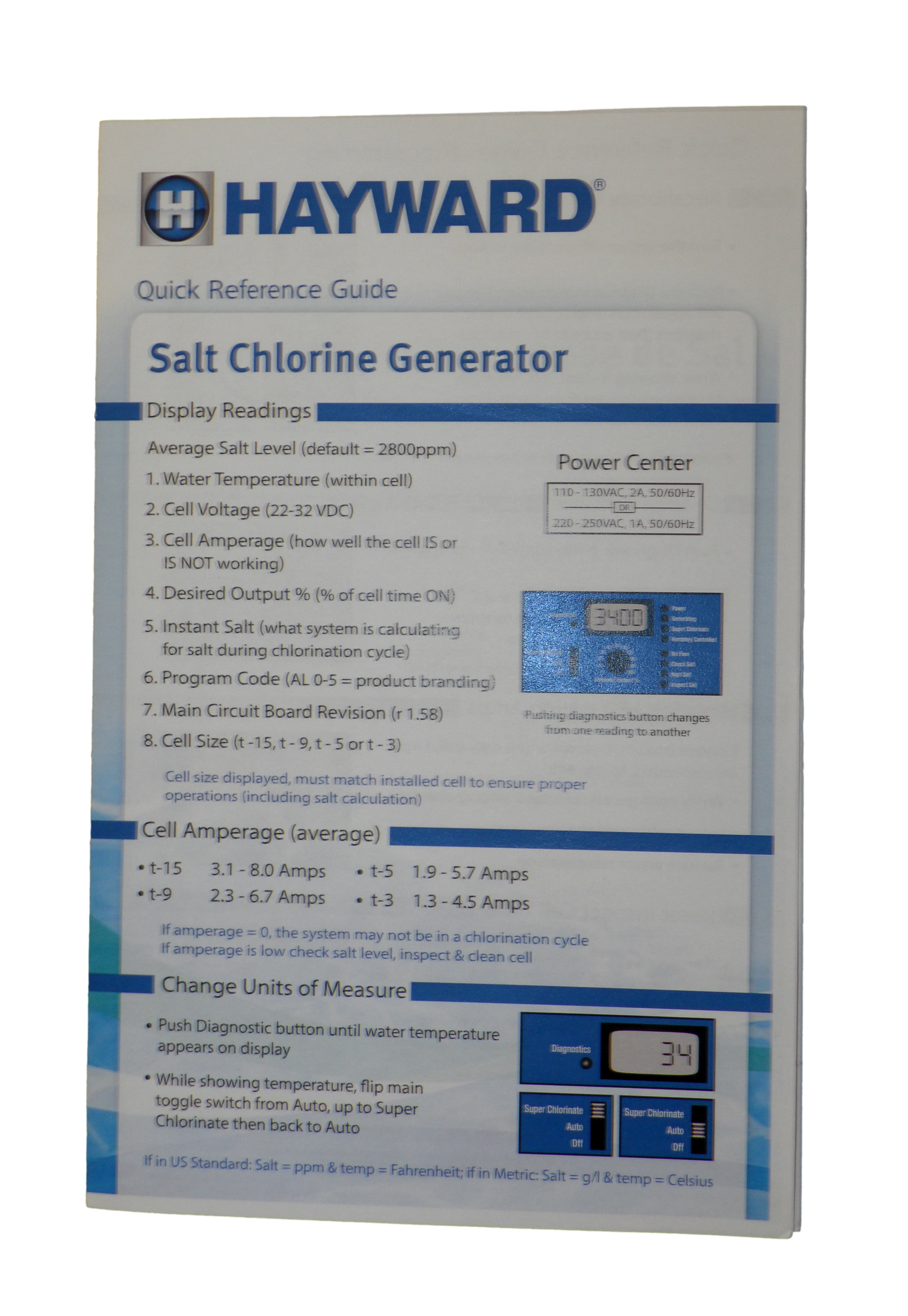Hayward 092573RevB Salt Cl Generator Quick Reference Guide Manual