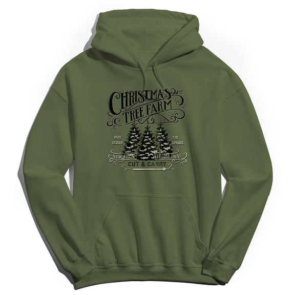Haywood & Main Christmas Tree Farm Graphic Military Green Men's Cotton Pullover Hoodie
