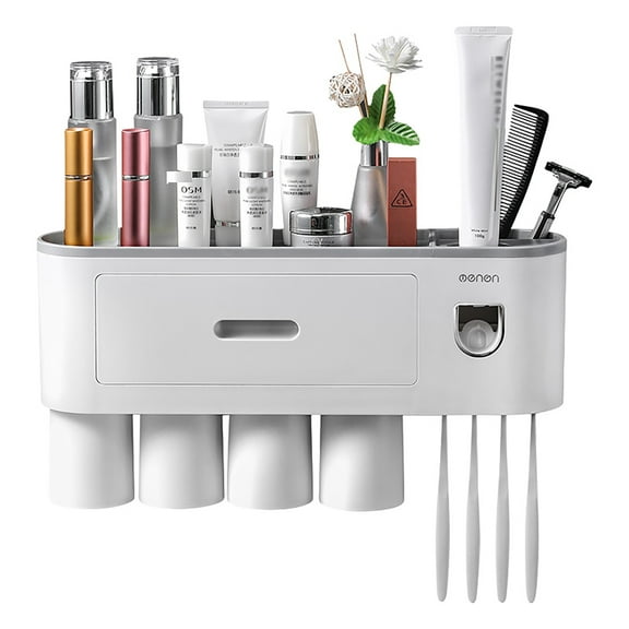 Hayzbao Wall-Mounted Toothbrush Holder with Automatic Toothpaste Dispenser, Magnetic Cup, and Large Capacity Storage for Bathroom - Plastic, White