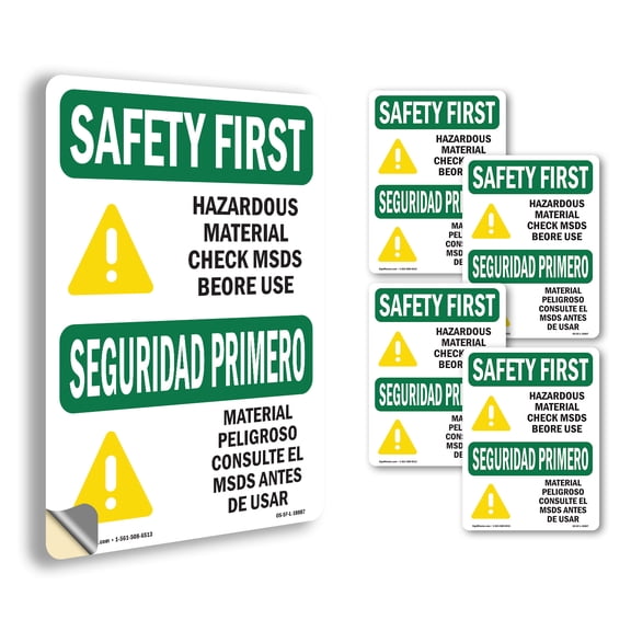 Hazardous Material MSDS Bilingual OSHA SAFETY FIRST Vinyl Decal Label 5 Inch x 3.5 Inch - 5 Pack