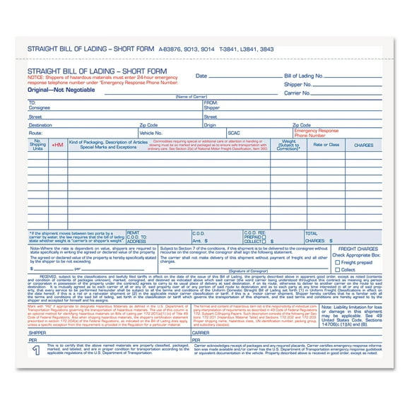 Hazardous Material Short Form 7 x 8 1/2, Three-Part Carbonless, 250 Forms