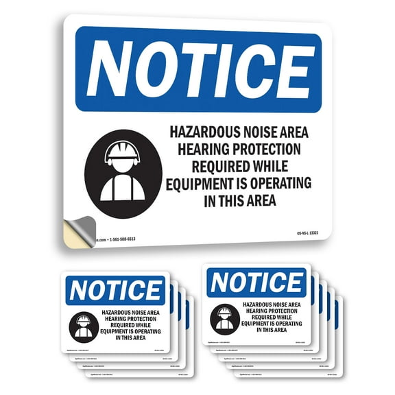 Hazardous Noise Area Hearing With Symbol OSHA Notice Vinyl Decal Label 7 Inch x 5 Inch - 10 Pack