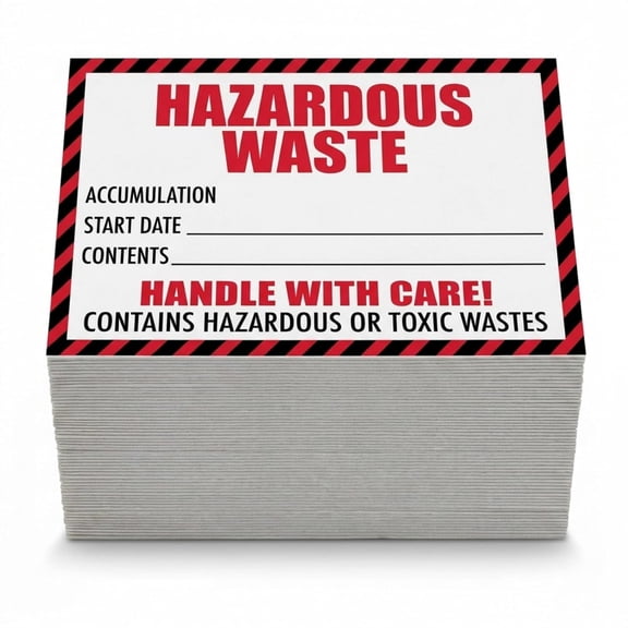 Hazardous Waste Label with Handle with Care, 4"x6", 100 Pack, Red and White Label, Contains Hazardous Or Toxic Wastes Warning,Self-Adhesive