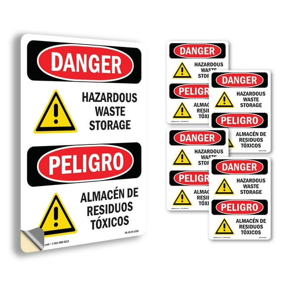 Hazardous Waste Storage Bilingual OSHA Danger Vinyl Decal Label 14 Inch x 10 Inch - 5 Pack