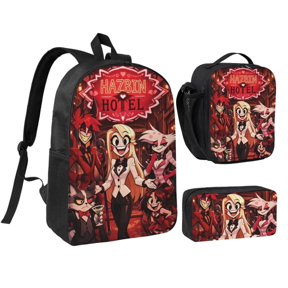 Hazbin Backpack Hotel Backpack with Pencil Pouch and Shoulder Bag, 3 Piece Backpack Set with Lunch Bag