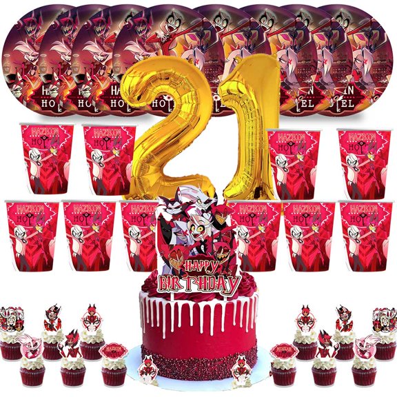 Hazbin Hotel Birthday 21th Cups Party Supplies Plates Fans Decorations Cake Topper Decor