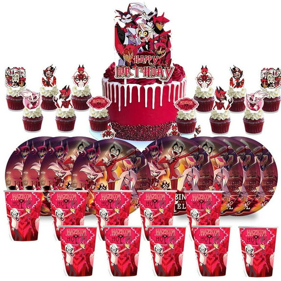 Hazbin Hotel Birthday Cups Party Supplies Plates Fans Decorations Cake Topper Decor