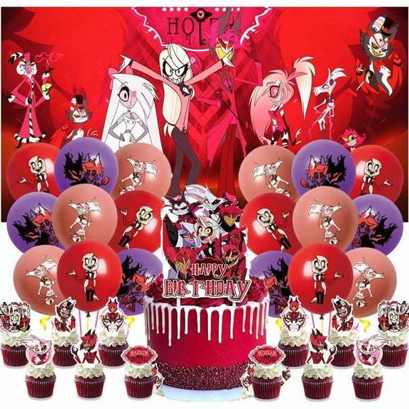 Hazbin Hotel Birthday Set Party Decor Decorations for Kids Supplies Kit Latex Balloons Banner Backdrop Cake Topper Fans