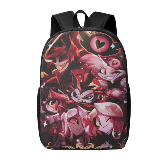 Hazbin Hotel Helluva Boss Backpack Cartoon Print Backpack 17 Inch Lightweight Comfy Black Bookbag with Side Mesh Pocket