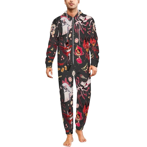 Hazbin Hotel Men's Hooded Jumpsuit - Zip Up One Piece Pajamas Soft Cozy Winter Warm Plush Loungewear