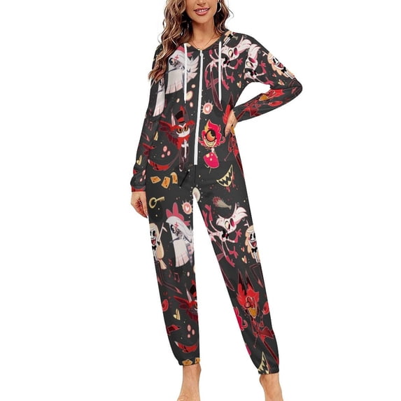 Hazbin Hotel Womens Mens Hooded Jumpsuit - Zip Up One Piece Pajamas Soft Cozy Winter Warm Plush Loungewear