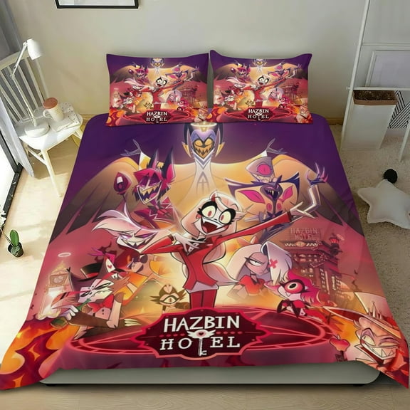 Hazbin Hotel thin bedding set has an iconic print,One duvet cover and two pillowcases.35" x 75"90*190cm