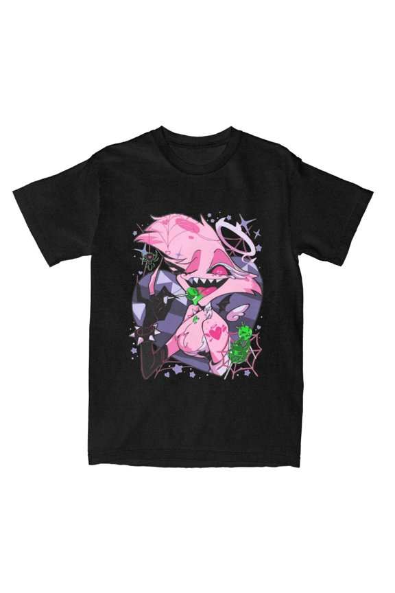 Hazbined-Hotels Cartoon Angel Dust T Shirt Men's Cotton Tops Shirts Aesthetic Round Neck Short Sleeve