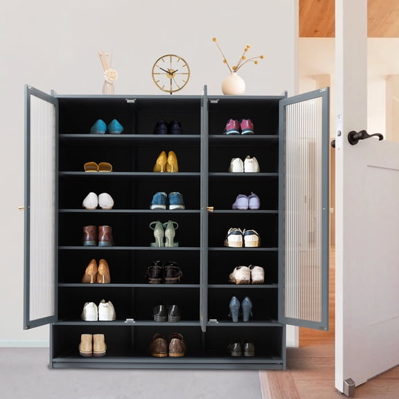 Haze Blue 8 Tiers Entryway 3-Door Shoe Storage Cabinet Organizer 5 Interior Shelves Shoe Rack, Display Rack for Slippers, Sneakers, Leather Shoes, High Heels 35.8*12.6*42.1 in