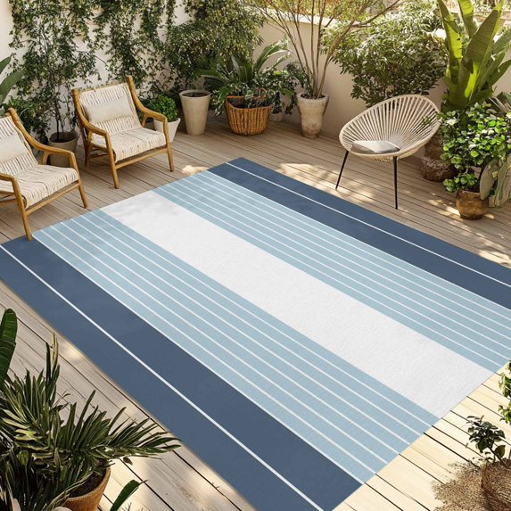 Haze Blue Aqua Stripe Outdoor Rug 4x6 Ft - Reversible Patio Rug Outdoor Camping Rugs, Modern Art Horizontal Striped Washable Indoor Outdoor Area Rugs, Non-Slip Outdoor Carpet Runner for Deck/Porch