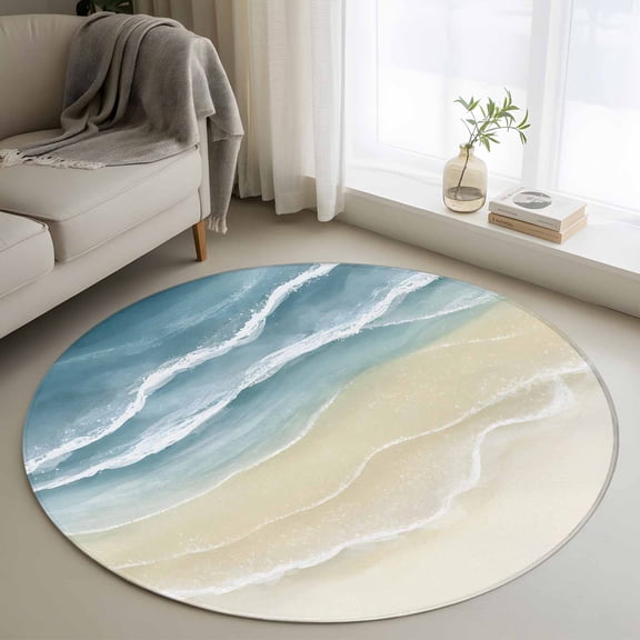 Haze Blue Beach Coastal Round Area Rug 3Ft Washable Small Circle Rugs for Kitchen Entryway, Summer Ocean Nautical Seaside Non-Slip Carpet Floor Mats Indoor Outdoor Carpet Runner Aesthetic Home Decor