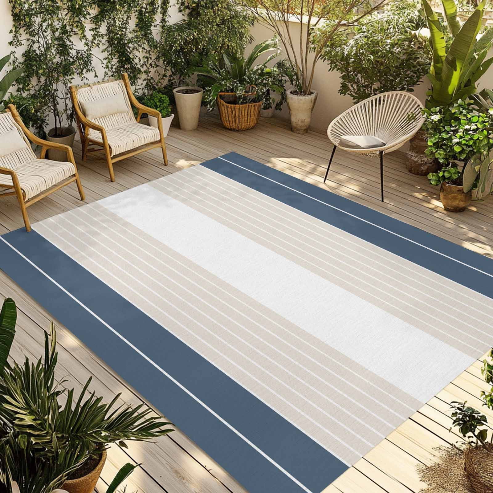 Haze Blue Beige Stripe Outdoor Rug 6x9 Ft - Reversible Patio Rug Outdoor Camping Rugs, Modern Art Horizontal Striped Washable Indoor Outdoor Area Rugs, Non-Slip Outdoor Carpet Runner for Deck/Porch