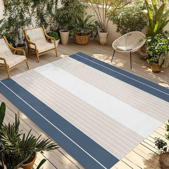 Haze Blue Beige Stripe Outdoor Rug 6x9 Ft - Reversible Patio Rug Outdoor Camping Rugs, Modern Art Horizontal Striped Washable Indoor Outdoor Area Rugs, Non-Slip Outdoor Carpet Runner for Deck/Porch