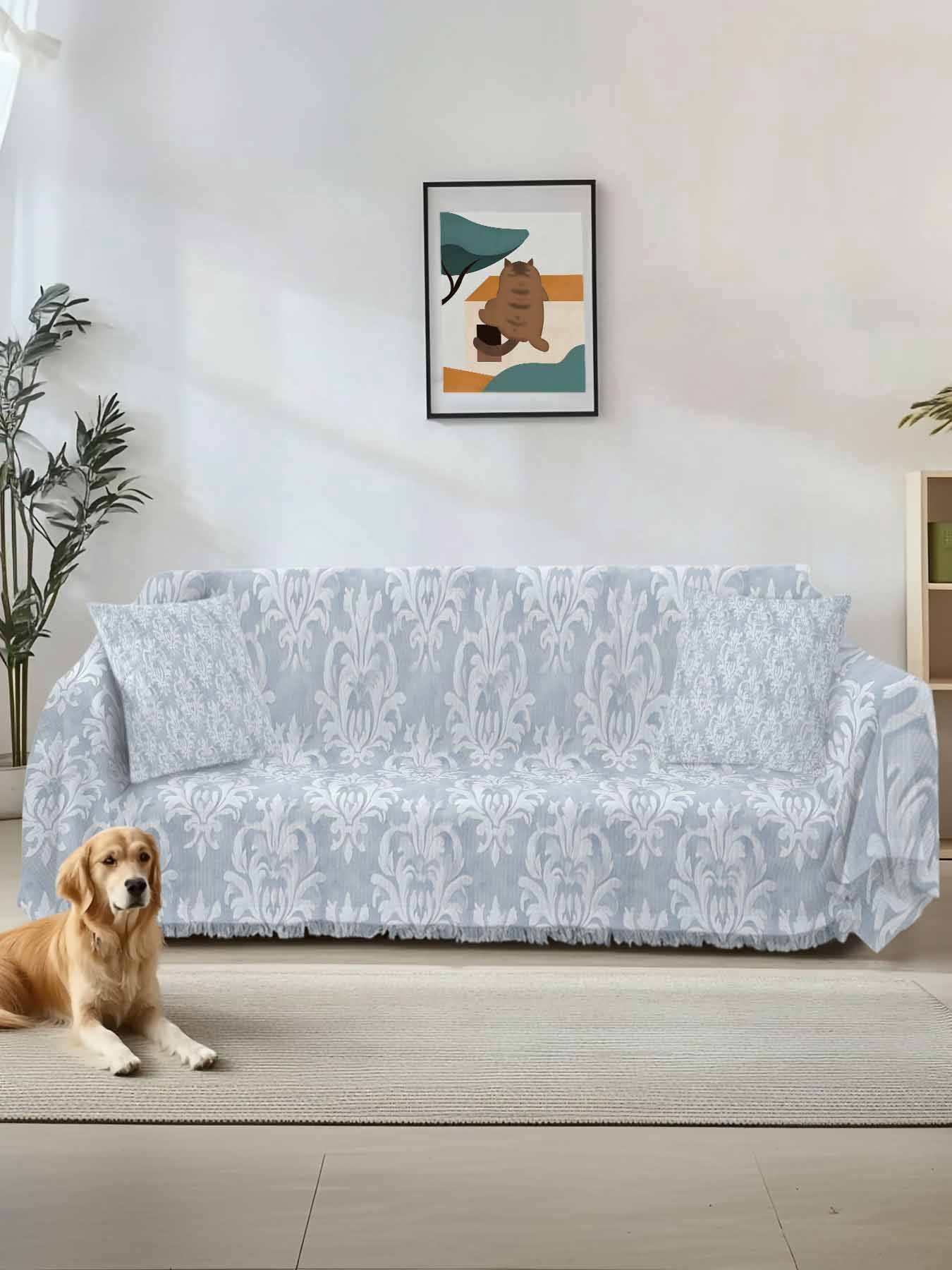 Haze Blue Boho Couch Cover, Neutral Middle Century Turkish Pattern Sofa Cover Blanket for 1 Seat Cushion,Sectional Sofa Slipcover Furniture Protector for Living Room Bedroom 71''x91''