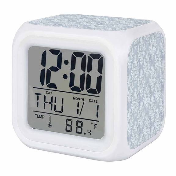 Haze Blue Boho Digital Alarm Clock for Bedrooms,Smart LED Alarm Clock with 7 Color Changing Night Light,Neutral Middle Century Turkish Pattern Silent Wake Up Clocks for Sleep Study Cooking 3.2"x3.2"