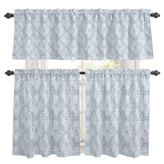 Haze Blue Boho Kitchen Curtains,Kitchen Curtains and Valances Set of 3,Neutral Middle Century Turkish Pattern Light Filtering Tailored Tier Curtain 36 Inch Length Drapes for RV Cafe Bathroom Bedroom