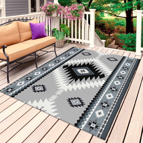 Haze Blue Boho Outdoor Rug for Patio/Deck/Porch, Non-Slip Large Area Rug 6 x 9 Ft, Farmhouse Retro Southwest Aztec Motifs Indoor Outdoor Rugs Washable Area Rugs, Reversible Camping Rug Carpet Runner