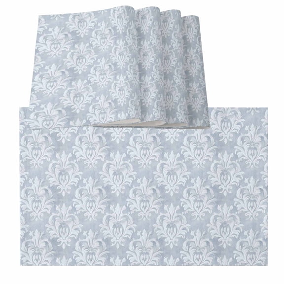 Haze Blue Boho Placemats for Dinning Table Set of 4, Neutral Middle Century Turkish Pattern Burlap Kitchen Place Mats Waterproof Cloth Table Mats, Indoor Outdoor Placemats Easy Clean Dinner Decor
