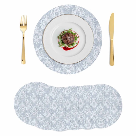 Haze Blue Boho Round Placemats Set of 6 Neutral Middle Century Turkish Pattern Place Mats Indoor Woven Table Mats Washable Heat-Resistance Braided Dining Table Placemats for Kitchen Party 13 Inch