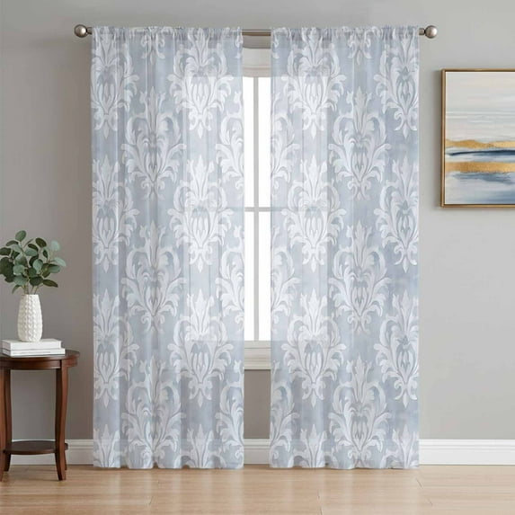Haze Blue Boho Semi Sheer Curtains 72 Inch Length 2 Panels Set, Neutral Middle Century Turkish Pattern Sheer Kitchen Curtain Privacy Voile Window Curtain for Living Room Bedroom Rod Pocket Drapes