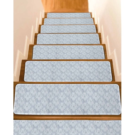 Haze Blue Boho Stair Treads for Wooden Steps Indoor Runner Rug Carpet, Neutral Middle Century Turkish Pattern 4 Pieces Peel and Stick Staircase Step Treads Covers Washable Throw Door Mats, 30"x8"