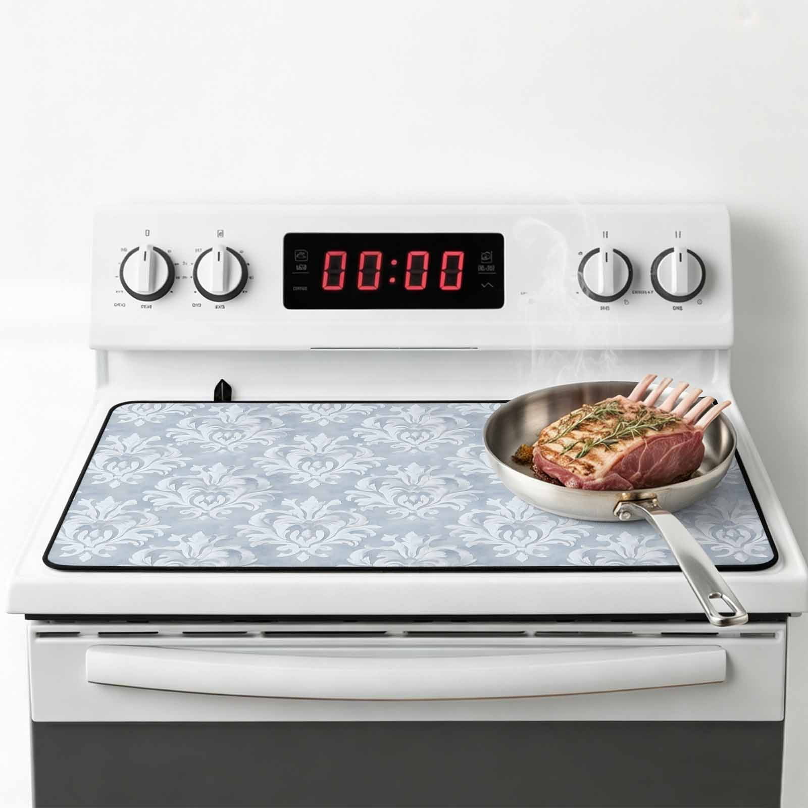 Haze Blue Boho Stove Top Cover for Electric Stove, Heat-proof & Non Slip Glass Top Stove Cover Protector, Neutral Middle Century Turkish Pattern Kitchen Flat Cooktop Rubber Mat 24x21 Inches