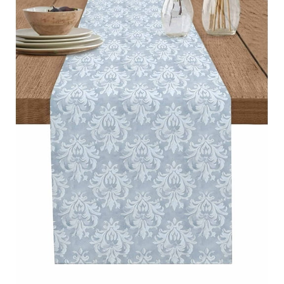 Haze Blue Boho Table Runner Cotton Linen 36 Inch Holiday Dresser Scarves, Neutral Middle Century Turkish Pattern Tablerunner for Kitchen Coffee Dining Bedroom Dinner Scarf Décor 13''x36''