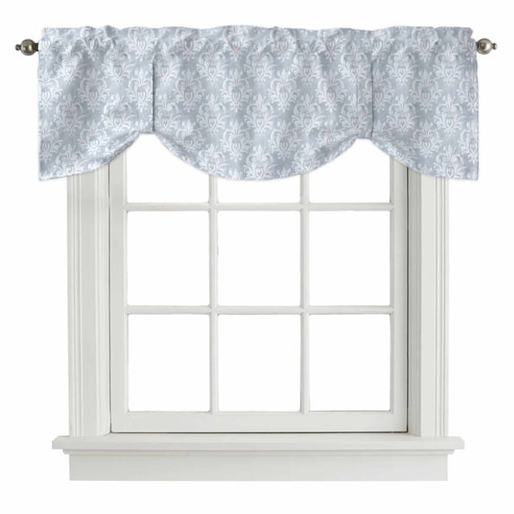 Haze Blue Boho Tie Up Valance Curtains for Windows, Kitchen Curtains Window Shades, Neutral Middle Century Turkish Pattern Light Filtering Roman Curtain Valances for Bedroom/Bathroom/Cafe 42"x18"