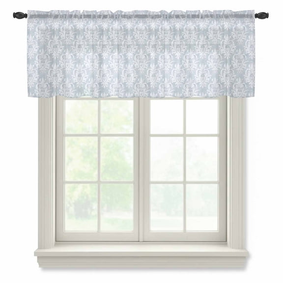 Haze Blue Boho Valance Curtains for Kitchen/Living Room/Bathroom/Bedroom Window, Rod Pocket Small Topper Half Short Window Curtains Voile Sheer Scarf, Neutral Middle Century Turkish Pattern 60"x18"
