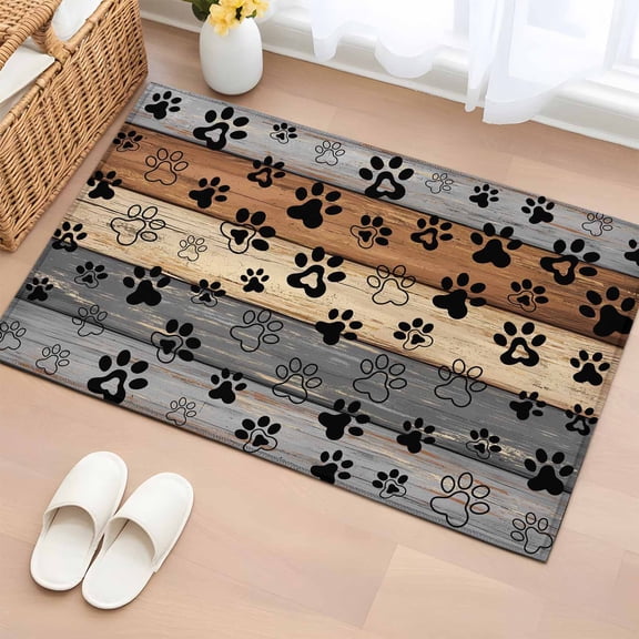Haze Blue Brown Bathroom Rug Washable 2x3 Entryway Rug Non Slip Rustic Farmhouse Dog Paw Vintage Front Door Mat Low Pile Indoor Doormat Throw Floor Carpet for Kitchen Bedroom Entrance