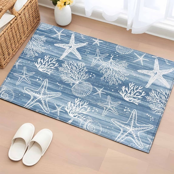 Haze Blue Coastal Entryway Rug 2'x3' Non Slip Front Door Mats, Summer Beach Nautical Starfish Coral Vintage Entrance Rugs Indoor Outdoor Carpet, Floor Mats Small Area Rug for Bedroom Kitchen