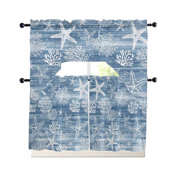 Haze Blue Coastal Swag Kitchen Curtains Sets for Windows 24 Inch Length, Summer Beach Nautical Starfish Coral Vintage Short Window Curtain Swags Valances and Tiers 3 Piece Set for Cafe/Dining Room