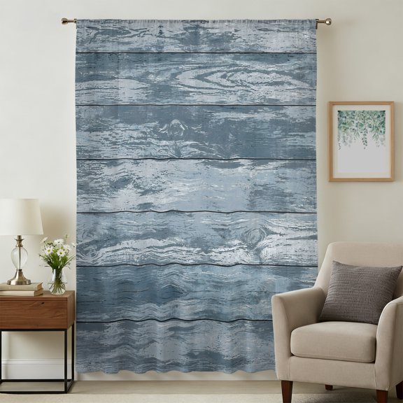 Haze Blue Grey Sheer Curtains 45 Inches Long, Retro Farmhouse Barn Wooden Plank Light Filering Curtains, Breathable Simi Curtain Privacy Drapes for Kitchen Bathroom Lightweight Small Window Treatment